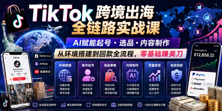 TikTok跨境出海全链路实战课,AI赋能起号・选品・内容制作,从环境搭建到回款全流程,零基础賺美刀-优创圈