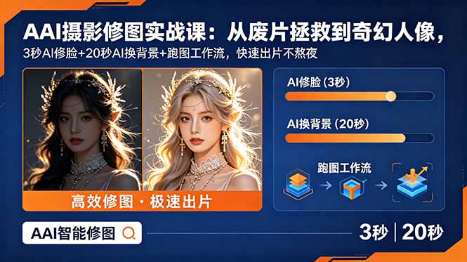 AI摄影修图实战课:从废片拯救 到 奇幻人像,3秒AI修脸+20秒AI换背景+跑图工作流,快速出片不熬夜-优创圈