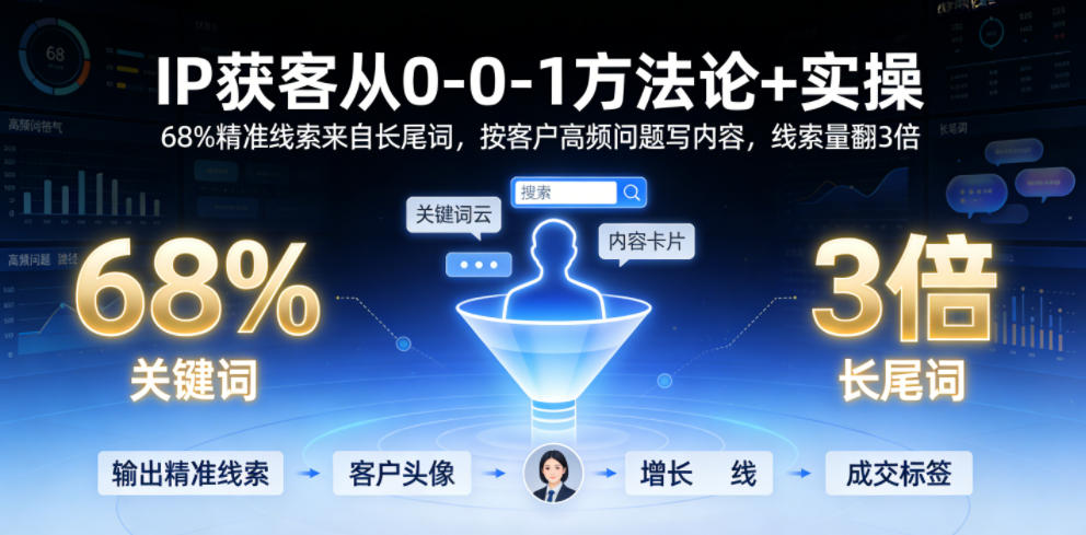 IP获客从0-1方法论+实操,68%精准线索来自长尾词,按客户高频问题写内容,线索量翻3倍-优创圈