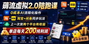 薅流虚拟2.0陪跑课,0成本AI流程化操作,淘宝+闲鱼同步玩法,上一次货两个平台有收益,单店每天200纯利润-优创圈