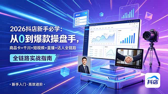 2026抖店新手必学：从0到爆款操盘手，商品卡+千川+短视频+直播+达人全链路-优创圈