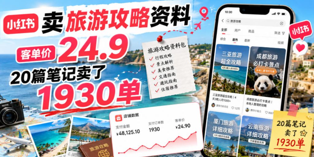 小红书卖旅游攻略资料,客单价24.9,20篇笔记卖了1930单!-优创圈