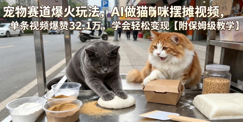 宠物赛道爆火玩法，AI做猫咪摆摊视频，单条视频爆赞32.1万，学会轻松变现【附保姆级教学】-优创圈