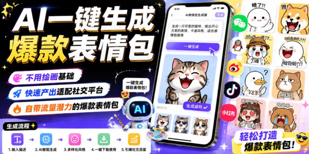 AI一键生成爆款表情包,不用绘画基础,快速产出适配社交平台,自带流量潜力的爆款表情包-优创圈