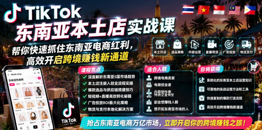TikTok东南亚本土店实战课,帮你快速抓住东南亚电商红利,高效开启跨境賺钱新通道-优创圈