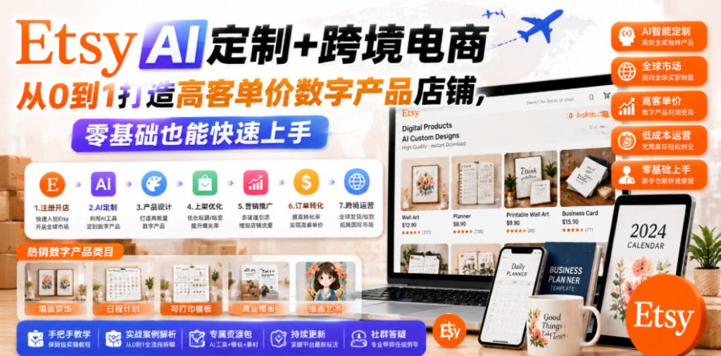 Etsy AI定制+跨境电商,从0到1打造高客单价数字产品店铺,零基础也能快速上手-优创圈
