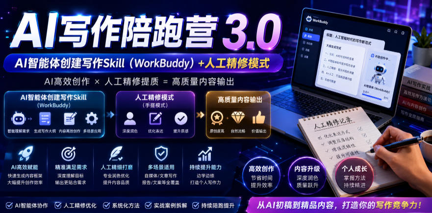 AI写作陪跑营3.0,Ai智能体创建写作skill(workbuddy)+人工手写模式(手搓模式),去除AI痕迹(头条号、公众号、百家号)-优创圈