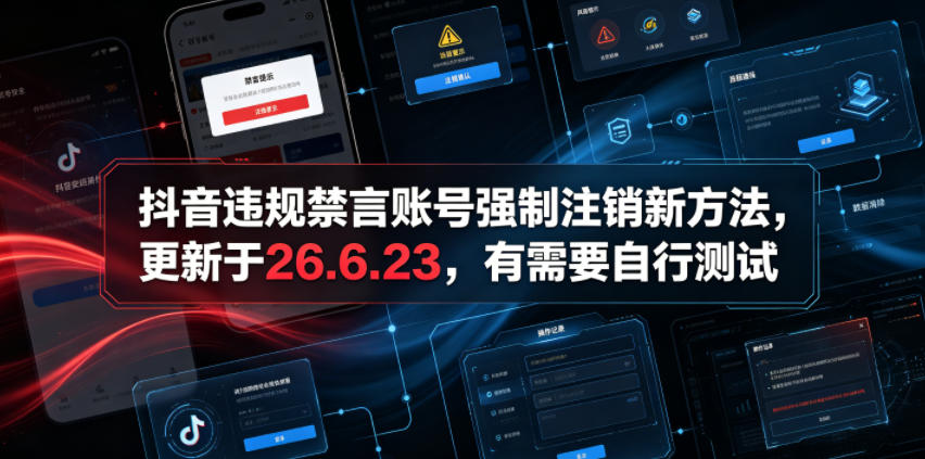 抖音违规禁言账号强制注销新方法,更新于26.6.23,有需要自行测试-优创圈