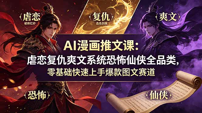 AI漫画推文课：虐恋复仇爽文系统恐怖仙侠全品类，零基础快速上手爆款图文赛道-优创圈