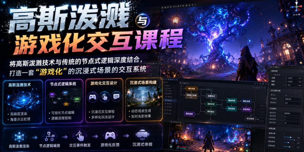 高斯泼溅与游戏化交互课程，将高斯泼溅技术与传统的节点式逻辑深度结合，打造一套“游戏化”的沉浸式场景的交互系统-优创圈