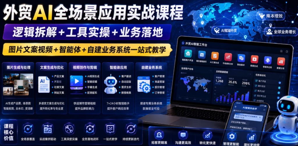 外贸AI全场景应用实战课程｜逻辑拆解+工具实操+业务落地，图片文案视频+智能体+自建业务系统一站式教学-优创圈