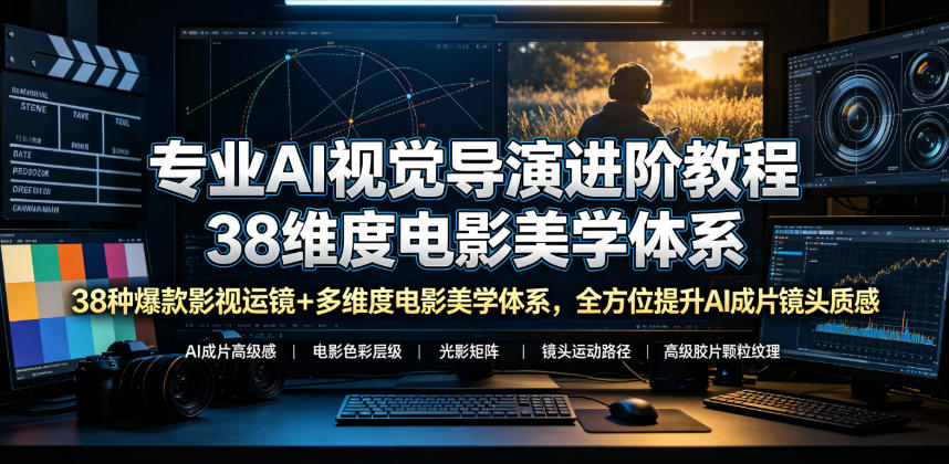专业AI视觉导演进阶教程，38种爆款影视运镜+多维度电影美学体系，全方位提升AI成片高级感与镜头质感-优创圈