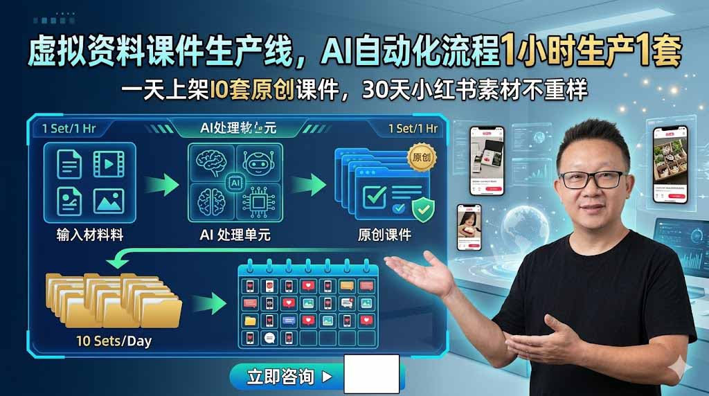 虚拟资料课件生产线，AI自动化流程1小时生产1套，一天上架10套原创课件，30天小红书素材不重样-优创圈