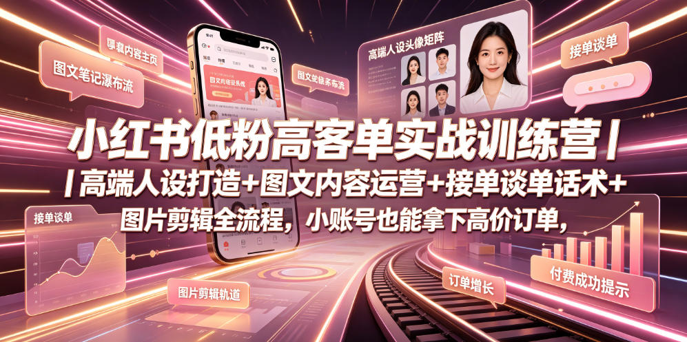 小红书低粉高客单实战训练营｜高端人设打造+图文内容运营+接单谈单话术+图片剪辑全流程，小账号也能拿下高价订单-优创圈