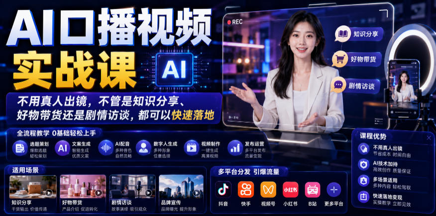 AI口播视频实战课，不用真人出镜，不管是知识分享、好物带货还是剧情访谈，都可以快速落地-优创圈