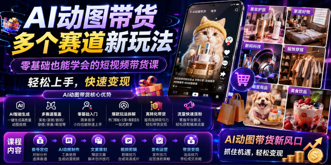 AI动图带货多个赛道新玩法，零基础也能学会的短视频带货课，轻松上手，快速变现-优创圈