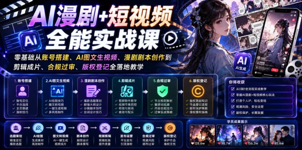 AI漫剧+短视频全能实战课｜零基础从账号搭建、AI图文生视频、漫剧剧本创作到剪辑成片、合规过审、版权登记全落地教学-优创圈