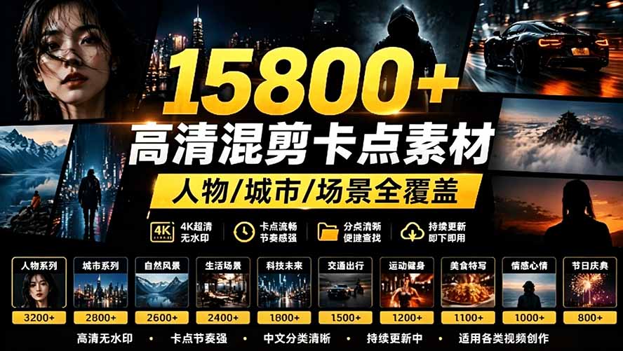 【影视剪辑素材合集】15800+高清混剪卡点｜热门影视精彩片段｜人物/城市/场景全覆盖，中文分类清晰-优创圈