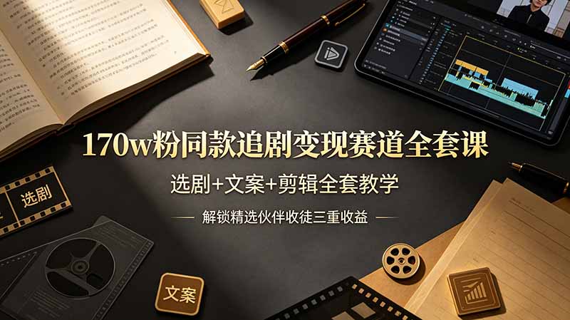 170w粉博主同款追剧变现赛道全套课，选剧+文案+剪辑全套教学，解锁精选伙伴收徒三重收益-优创圈
