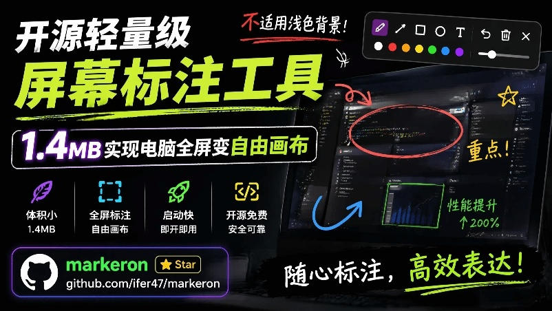 开源轻量级屏幕标注工具，1.4MB实现电脑全屏变自由画布！支持8种标注工具和全键盘操控MarkerOn-优创圈
