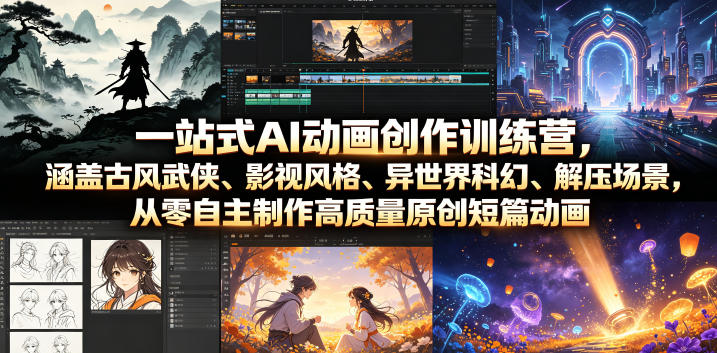 一站式AI动画创作训练营,涵盖古风武侠、影视风格、异世界科幻、解压场景,从零自主制作高质量原创短篇动画-优创圈