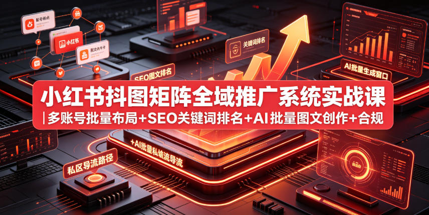 小红书抖图矩阵全域推广系统实战课|多账号批量布局+SEO关键词排名+AI批量图文创作+合规私域导流完整落地教程-优创圈