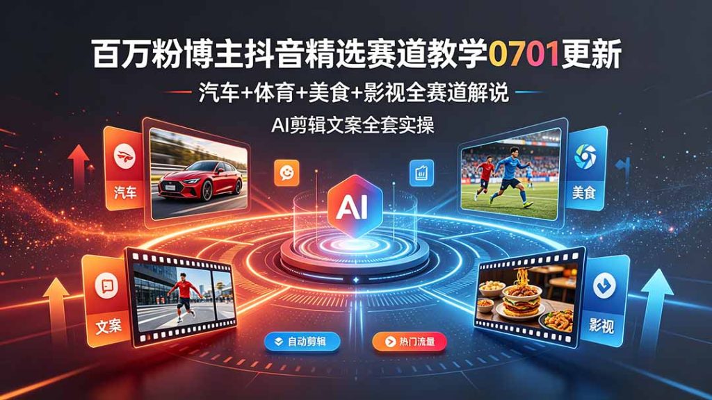 百万粉博主抖音精选赛道教学-0701更新,汽车+体育+美食+影视全赛道解说,AI剪辑文案全套实操-优创圈