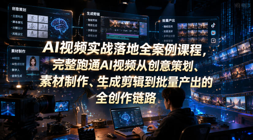 AI视频实战落地全案例课程,完整跑通AI视频从创意策划、素材制作、生成剪辑到批量产出的全创作链路-优创圈
