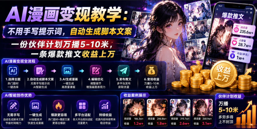 AI漫画变现教学：不用手写提示词，自动生成脚本文案，一份伙伴计划万播5-10米，一条爆款推文收益上W-优创圈
