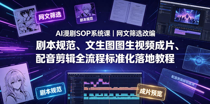 AI漫剧SOP系统课｜网文筛选改编、剧本规范、文生图图生视频成片、配音剪辑全流程标准化落地教程-优创圈