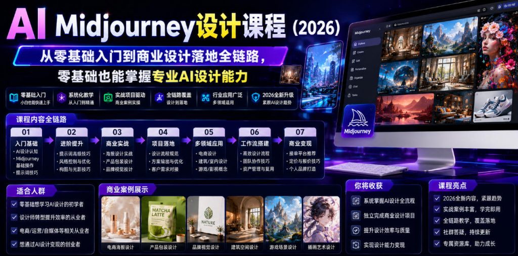 AI Midjourney设计课程(2026),从零基础入门到商业设计落地全链路,零基础也能掌握专业AI设计能力-优创圈