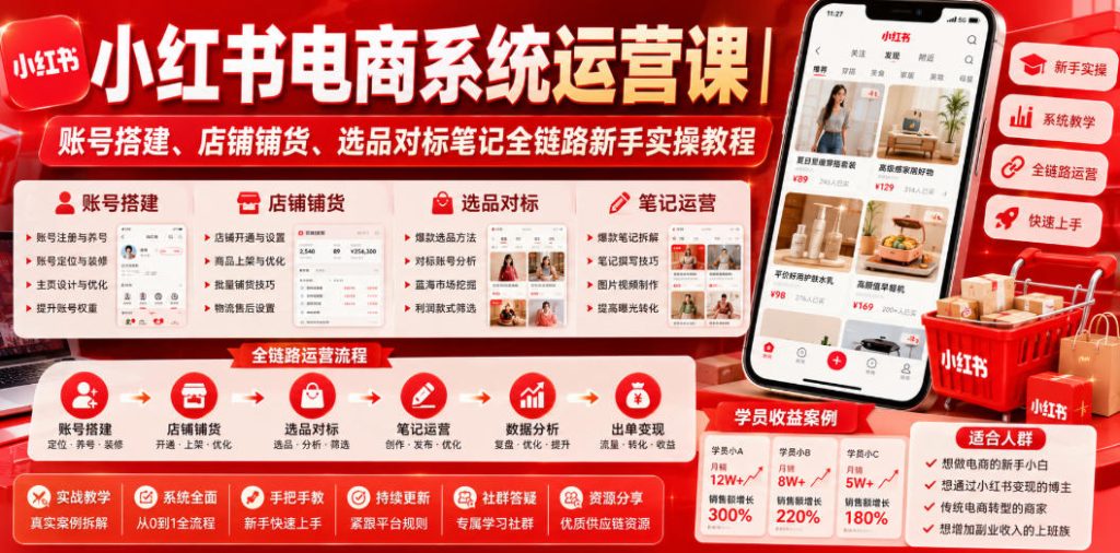 小红书电商系统运营课|账号搭建、店铺铺货、选品对标笔记全链路新手实操教程-优创圈