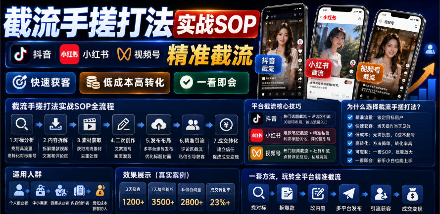 截流手搓打法实战SOP，抖音小红书视频号精准截流，快速获客，低成本高转化，一看即会-优创圈