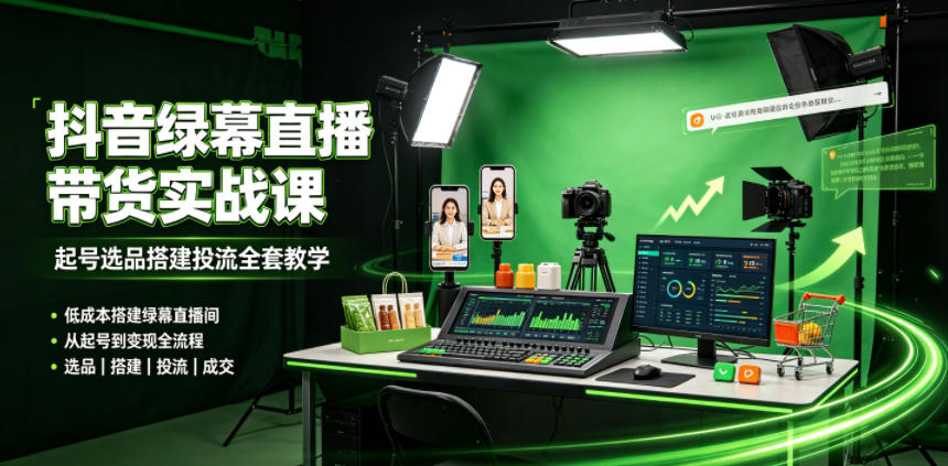 某社群抖音绿幕直播带货实战课,起号选品搭建投流全套教学,低成本搭建绿幕直播间-优创圈