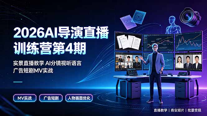 2026AI导演直播训练营第4期,实景直播教学AI分镜视听语言,广告短剧MV实战,解决人物画面崩坏痛点-优创圈
