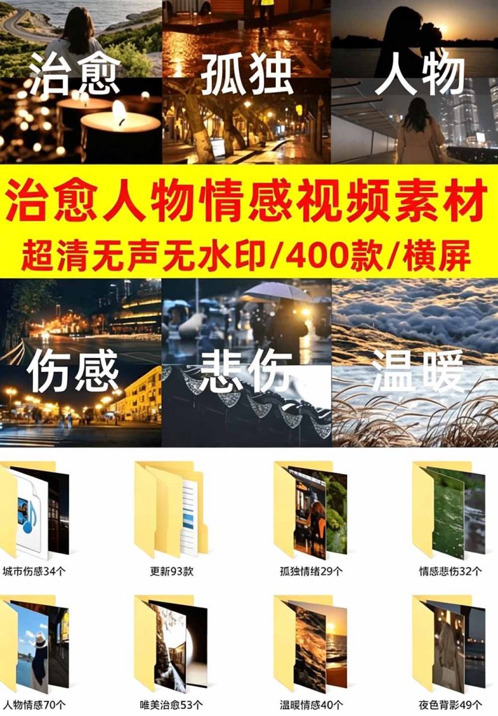 爆款短视频常用视频素材！抖音治愈伤感人物情感视频素材，400款合集，无声无水印，视频感氛围拉满-优创圈