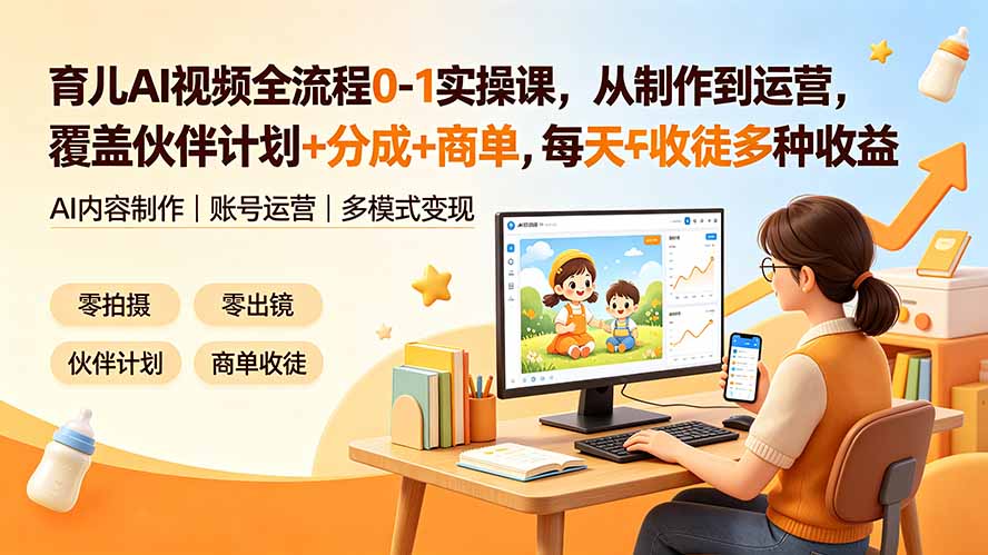 育儿AI视频全流程0-1实操课,从制作到运营,覆盖伙伴计划+分成+商单+收徒多种收益,每天500+收益-优创圈
