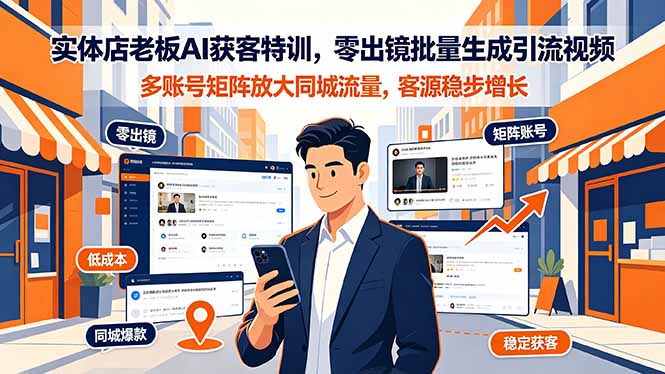 实体店老板AI获客特训,零出镜批量生成引流视频,多账号矩阵放大同城流量,客源稳步增长-优创圈