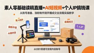 素人零基础读稿直播+AI短视频+个人IP搞钱课,从账号准备、涨粉制作到开播成交全流程实操教学-优创圈