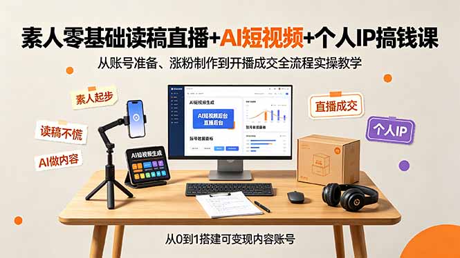 素人零基础读稿直播+AI短视频+个人IP搞钱课,从账号准备、涨粉制作到开播成交全流程实操教学-优创圈
