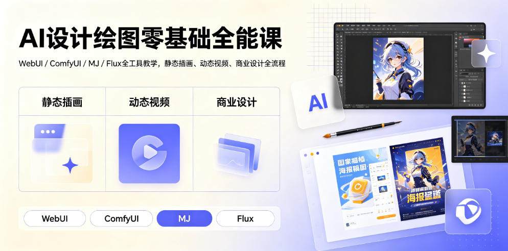 AI设计绘图零基础全能课|WebUI/ComfyUI/MJ/Flux全工具教学,静态插画、动态视频、商业设计全流程-优创圈