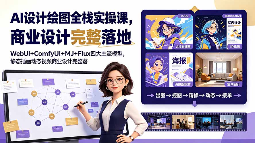 AI设计绘图全栈实操课，WebUI+ComfyUI+MJ+Flux四大主流模型，静态插画动态视频商业设计完整落地教程-优创圈