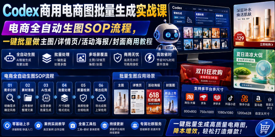 Codex商用电商图批量生成实战课｜电商全自动生图SOP流程，一键批量做主图/详情页/活动海报/封面商用教程-优创圈