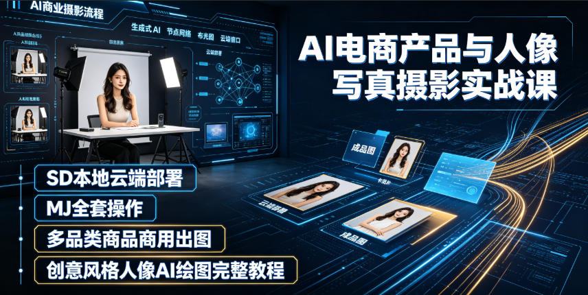 AI电商产品与人像写真摄影实战课|SD本地云端部署、MJ全套操作、多品类商品商用出图、创意风格人像AI绘图完整教程-优创圈