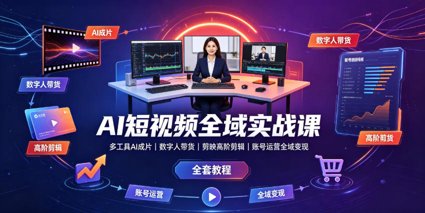 AI短视频全域实战课|多工具AI成片、数字人带货、剪映高阶剪辑、账号运营全域变现全套教程-优创圈