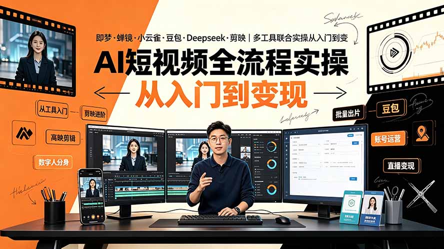 AI短视频全流程实操:即梦·蝉镜·小云雀·豆包·Deepseek·剪映|多工具联合实操从入门到变现-优创圈