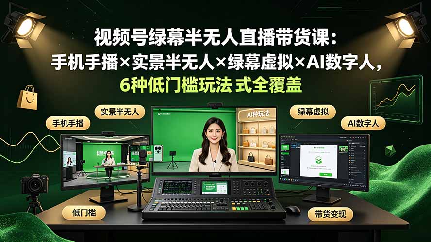 视频号绿幕半无人直播带货课:手机手播×实景半无人×绿幕虚拟×AI数字人,6种低门槛玩法全覆盖-优创圈