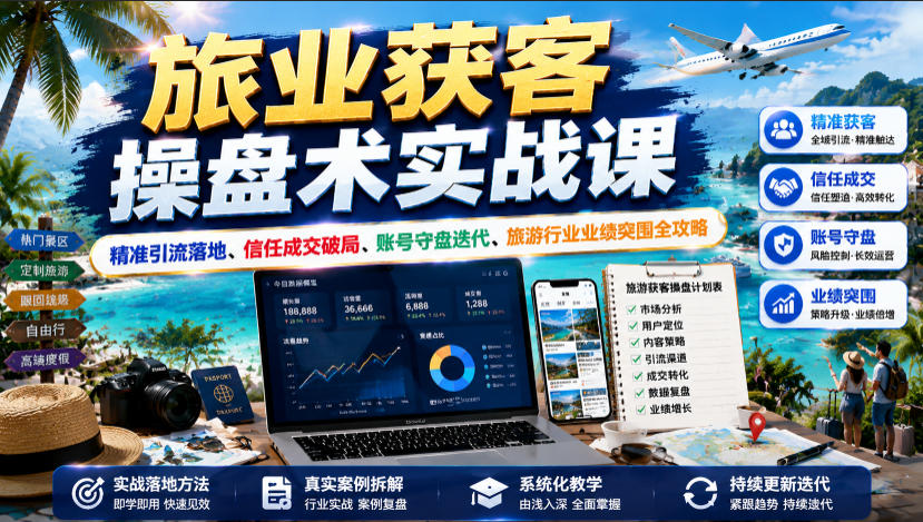 旅业获客操盘术实战课|精准引流落地、信任成交破局、账号守盘迭代、旅游行业业绩突围全攻略-优创圈