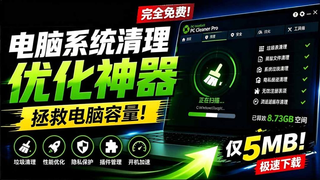 轻松吊打Win系统自带工具！电脑清理优化神器，拯救电脑容量，仅5MB，完全免费使用 PC Cleaner Pro-优创圈