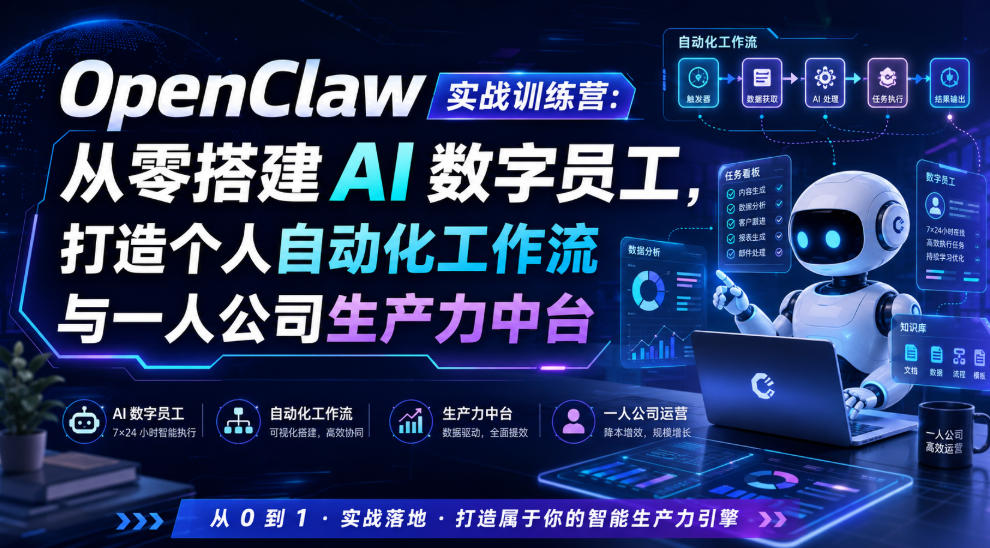 OpenClaw实战训练营：从零搭建AI数字员工，打造个人自动化工作流与一人公司生产力中台-优创圈